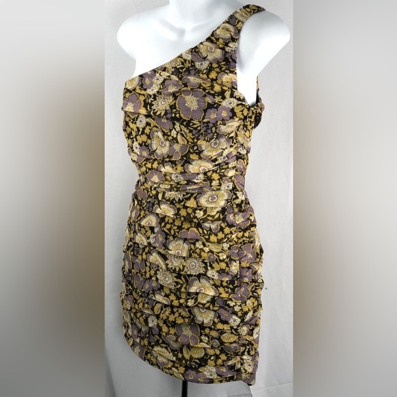 NWT Zara Mini Gauzy Dress Gold Floral Layered One Shoulder Ruched Boho Hippie​ - Picture 2 of 5